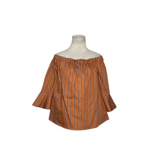 Mine brown black stripes off shoulder peasant top size Large - Picture 7 of 10